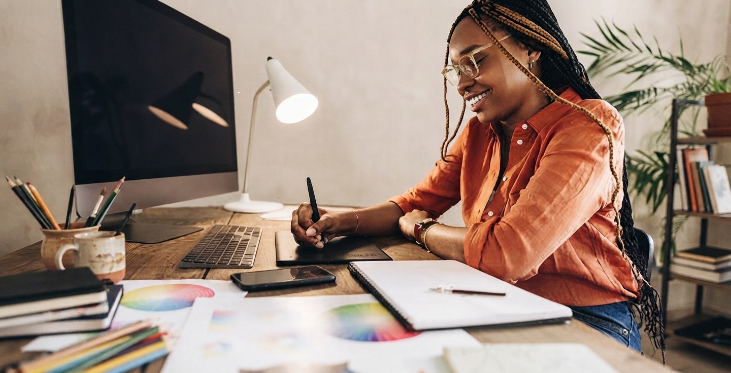Étudiant en formation graphisme travaillant sur un projet de design avec ordinateur portable et supports de cours à proximité