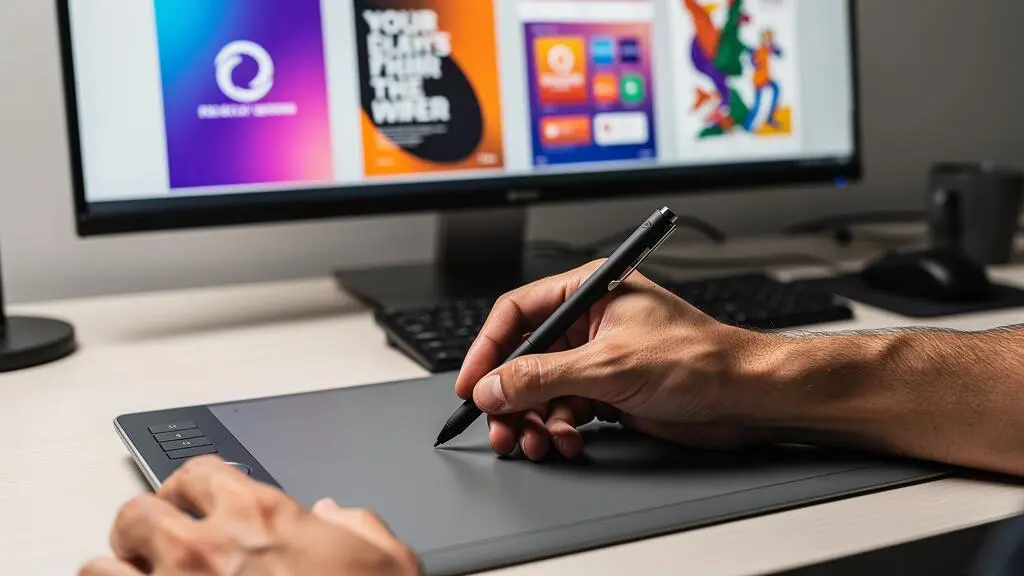 Gros plan sur les mains d'un infographiste utilisant une tablette graphique avec écran montrant plusieurs projets de design variés
