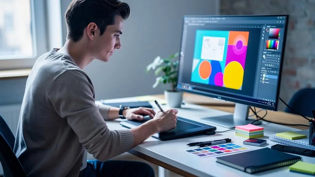 Infographiste professionnel travaillant sur une création graphique avec tablette graphique et écran d'ordinateur affichant un logiciel de design